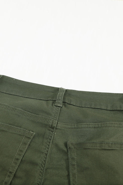 Plain High Waist Buttons Frayed Cropped Denim Jeans